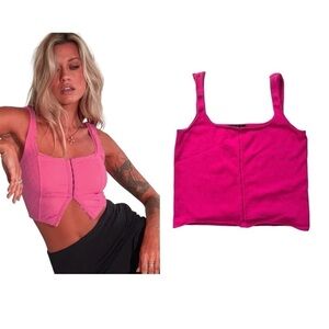 Ralph Lauren knit hook and eye closure cropped Barbie pink tank top